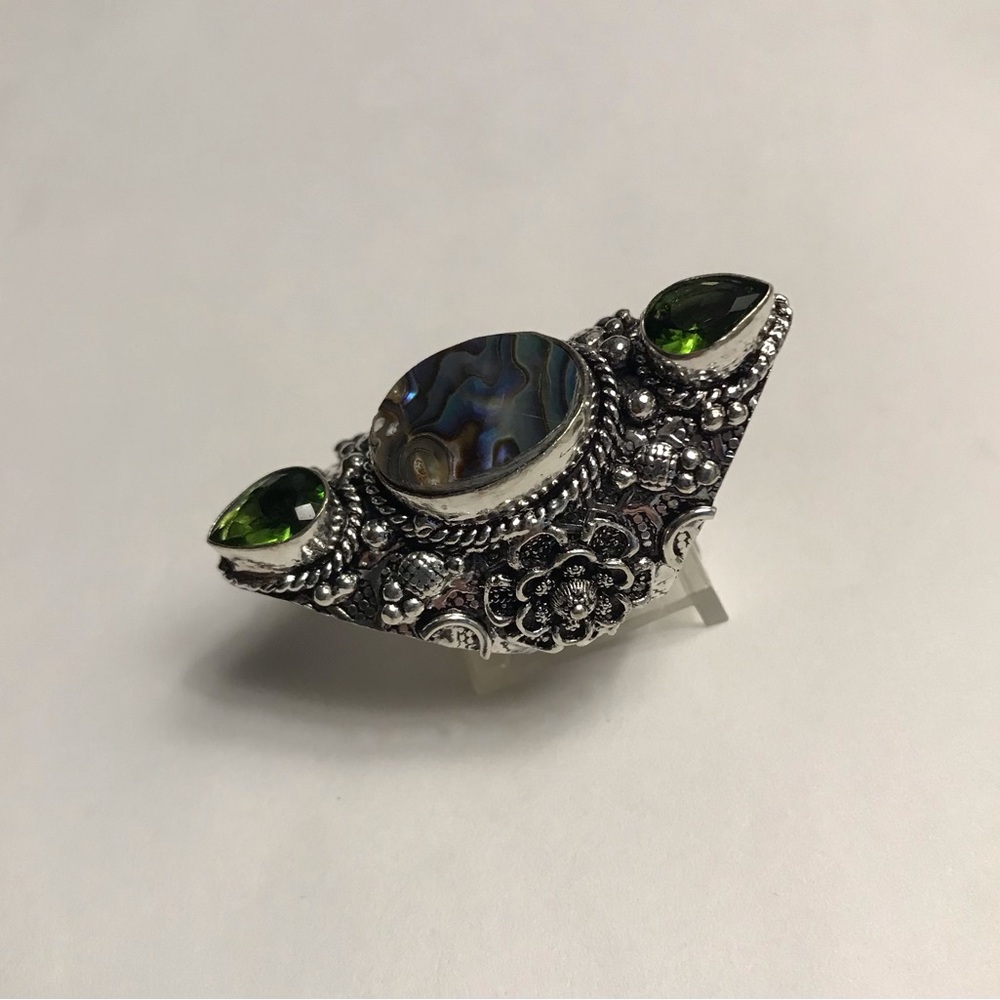 Abalone Peridot Stamped 925 Sterling Silver Ring - Picture 2 of 6